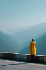 minimalistic scene featuring person standing on right side set against mountain ridge in georgia at high noon