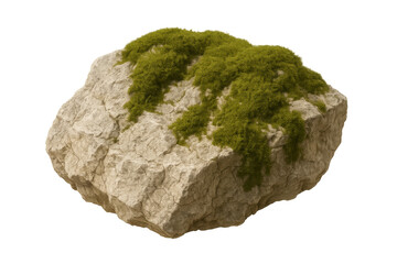 Verdant moss colonizing weathered rock surface, forming delicate microhabitat with intricate green textures against pale background