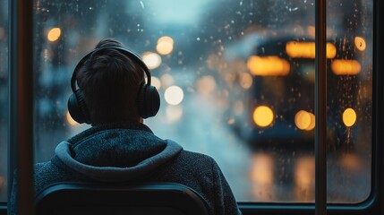 Close-up rear view of a human figure seated on a twilight bus with blurred motion outside the window, headphones on, symbolizing inner withdrawal, emotional escape, and psychological silence