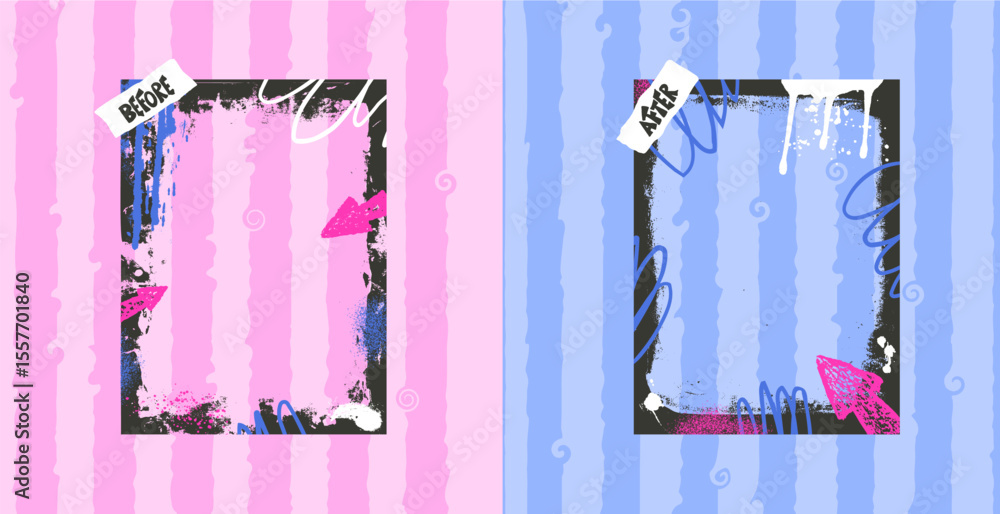 Poster before and after picture template. graffiti frames for photo comparison. competition layout borders 