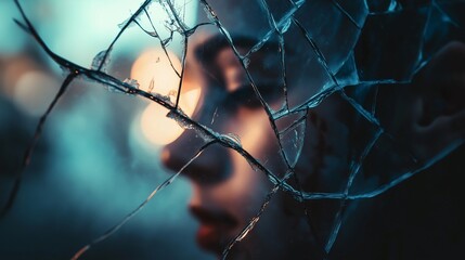 Close-up of a blurred reflection of a human figure in a cracked mirror, partial head and upper body visible, low ambient lighting, symbolizing fractured identity, emotional conflict, and self-doubt