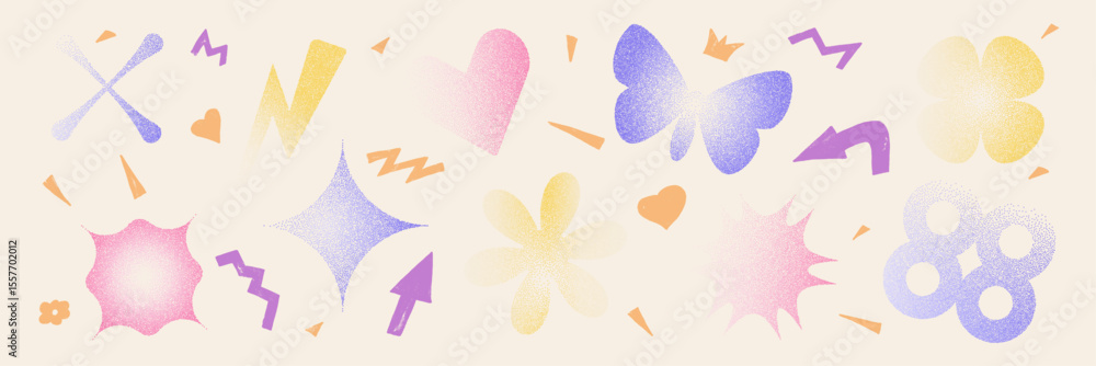 Poster geometric figures with grain noise gradient. y2k retro stippling forms set. butterfly, heart and sta