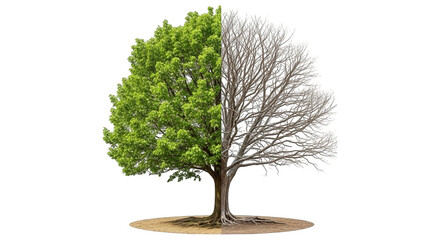 Divided tree displays contrasting vibrant green foliage versus barren branches on opposite halves.