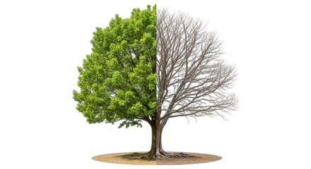 Divided tree displays contrasting vibrant green foliage versus barren branches on opposite halves.
