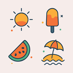 Summer Flat Icons – Sun, Ice Cream, Watermelon, Beach