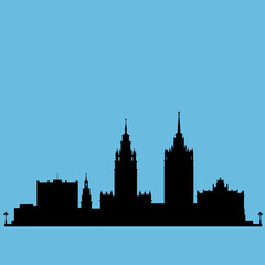 Fototapeta premium Minsk skyline silhouette against light blue sky. Cityscape illustration featuring iconic buildings.