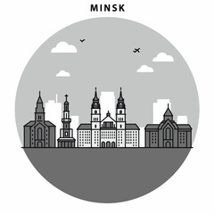 Minsk city skyline illustration. Iconic buildings and landmarks of Minsk shown in simple line art style.