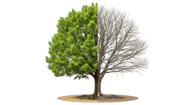 Divided tree displays contrasting vibrant green foliage versus barren branches on opposite halves.