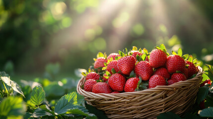 Sunlit Basket of Ripe Red Strawberries in a Lush Green Garden