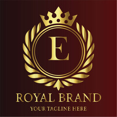 Royal brand logo gold letter E crown laurel