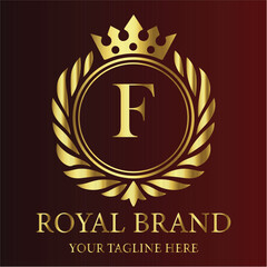 Royal brand logo gold letter F crown laurel