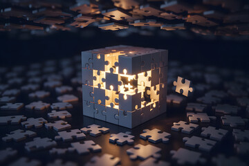 A floating cube made of puzzle pieces, with one piece missing and drifting away, revealing a luminous portal inside the structure