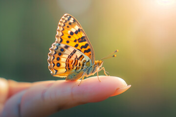 Macro view of butterfly resting on human finger. Nature connection and delicate wildlife detail.