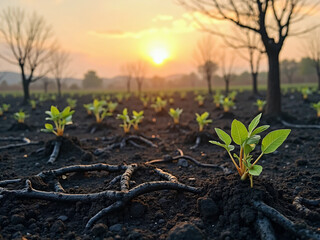 "A realistic landscape showing a scorched plateau with black volcanic soil and burnt tree trunks, but fresh green sprouts growing from their bases