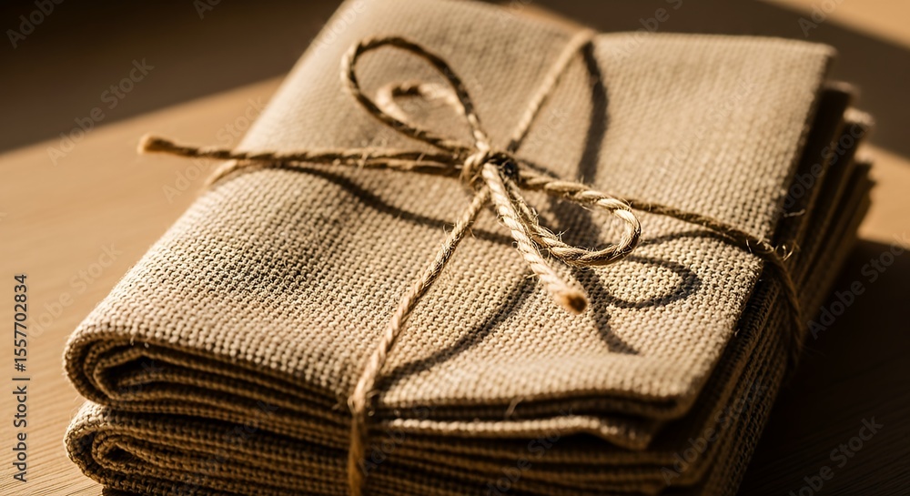 Poster stack of cloth napkins tied with string on table
