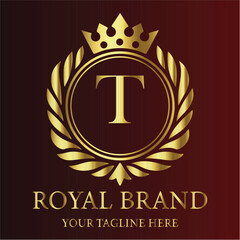 Royal brand logo gold letter T crown laurel
