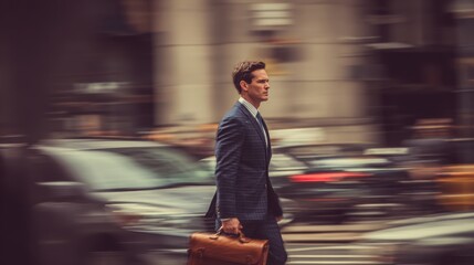 Obraz premium A man in a suit walking across a city street with a briefcase in a blurred motion background scene