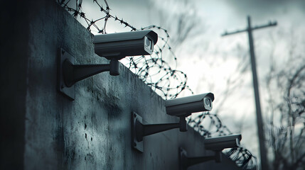 Surveillance cameras on barbed wire wall for security monitoring in urban environment