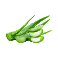 Fresh aloe vera plant leaves and slices with water droplets isolated on transparent background for beauty and health
