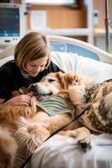 Obraz premium In a serene hospital setting, a caring child gently pets a golden retriever lying in a hospital bed, showcasing the therapeutic and emotional support animals provide during recovery.