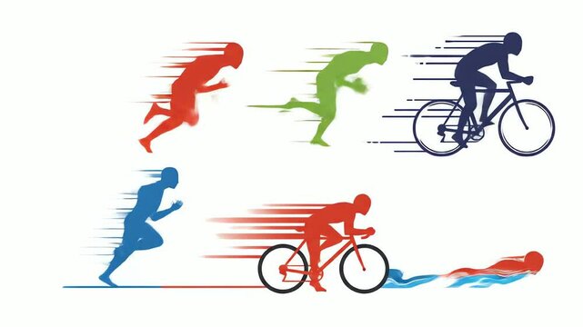 Six stylized triathlete figures show running biking  swimming emphasizing speed with motion lines