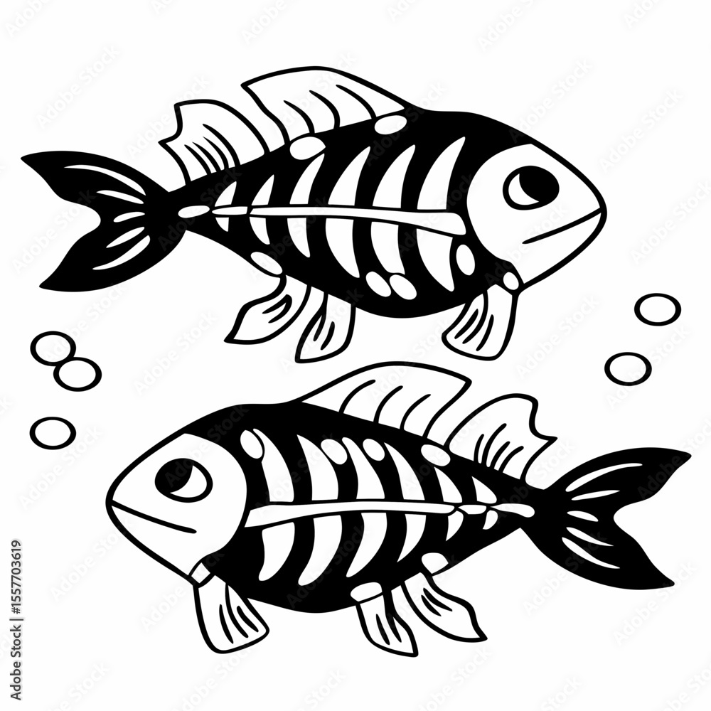 Fototapete vector illustration of cute x-ray fish swimming with visible bones black and white drawing for child