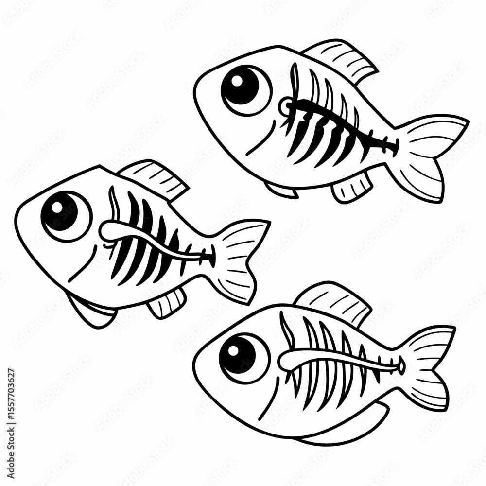 Fototapete vector illustration of cute x-ray fish swimming with visible bones black and white drawing for child