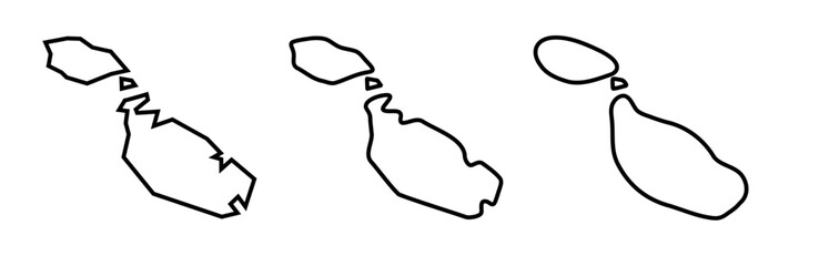 Malta country black outline silhouettes in three different levels of smoothness. Simplified maps. Vector icons isolated on white background.