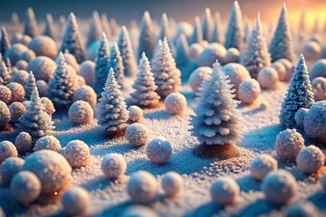 A miniature winter forest with snow covered trees and snowballs creates a festive scene