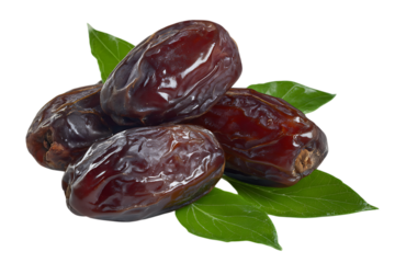 Close up of fresh dates on green leaves