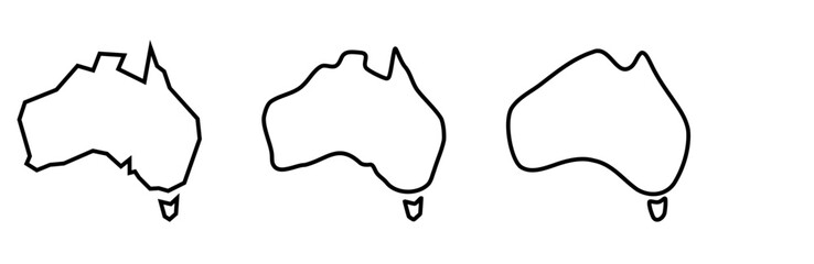 Australia country black outline silhouettes in three different levels of smoothness. Simplified maps. Vector icons isolated on white background.