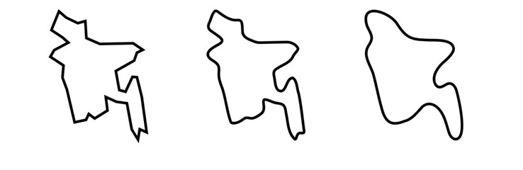 Bangladesh country black outline silhouettes in three different levels of smoothness. Simplified maps. Vector icons isolated on white background.