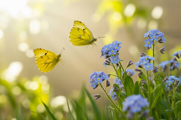Delicate Yellow Butterflies Dance Among Delicate Forget-Me-Nots in a Springtime Meadow