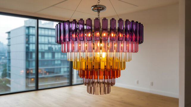 A modern artistic chandelier installation featuring stacked rectangular glass blocks in a gradient color pattern