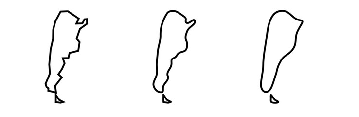 Argentina country black outline silhouettes in three different levels of smoothness. Simplified maps. Vector icons isolated on white background.