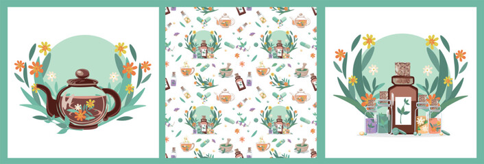 Set of backgrounds from bottles and capsules with medicinal herbs, aromatic oils, herbal tinctures. Phytotherapy. Alternative medicine. Vector illustration for advertising, leaflets and social network