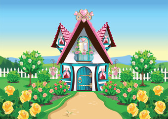 Cute fairy tale house with a beautiful garden, white fence, garden path, rose bushes and ornamental plants. Flower bed in the front yard. Vector illustration.