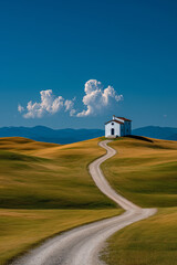 Serene Chapel on Rolling Hills: A winding path leads to a quaint chapel perched atop a verdant hill, bathed in the tranquil light of a clear, blue sky, evoking a sense of peace and serenity.