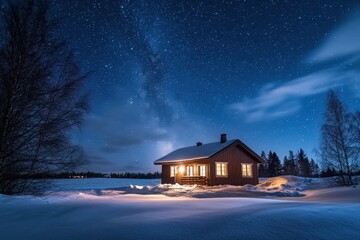 Winter Cottage Illuminated Under the Milky Way and Aurora Borealis in a Snowy Nordic Night