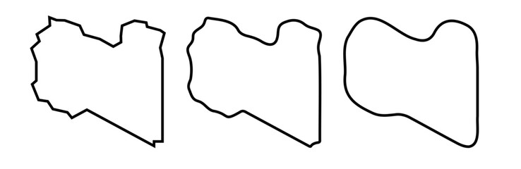 Libya country black outline silhouettes in three different levels of smoothness. Simplified maps. Vector icons isolated on white background.