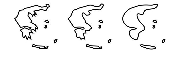 Greece country black outline silhouettes in three different levels of smoothness. Simplified maps. Vector icons isolated on white background.