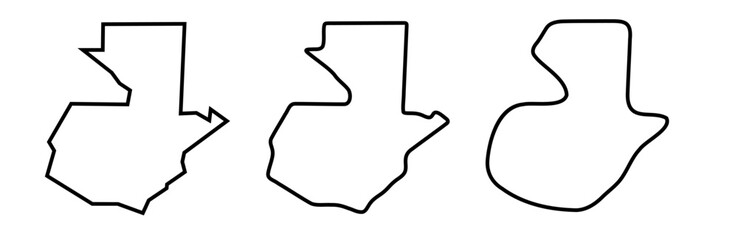 Guatemala country black outline silhouettes in three different levels of smoothness. Simplified maps. Vector icons isolated on white background.