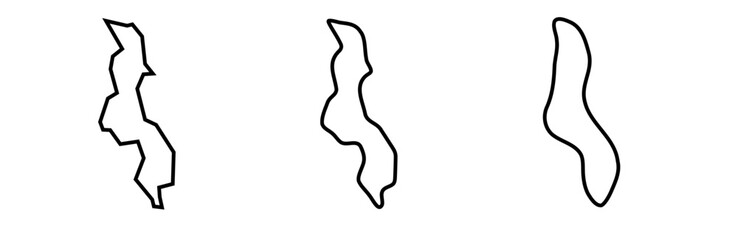 Malawi country black outline silhouettes in three different levels of smoothness. Simplified maps. Vector icons isolated on white background.
