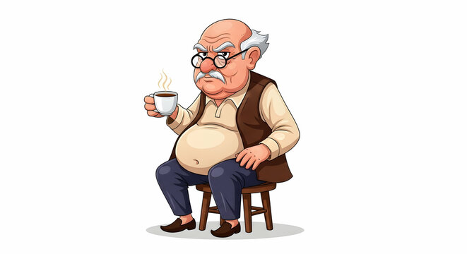 Cartoon grumpy old man with glasses sitting on a stool and holding a cup of coffee or tea