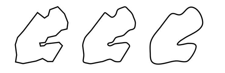 Djibouti country black outline silhouettes in three different levels of smoothness. Simplified maps. Vector icons isolated on white background.