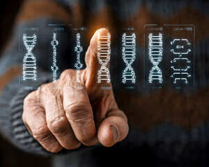 Hand of an elderly person interacting with digital DNA strands on a futuristic interface, showcasing biotechnology concepts and advanced genetic research in a modern setting