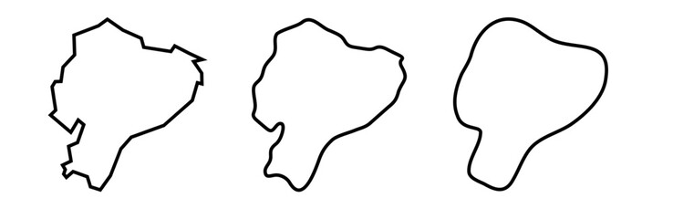 Ecuador country black outline silhouettes in three different levels of smoothness. Simplified maps. Vector icons isolated on white background.