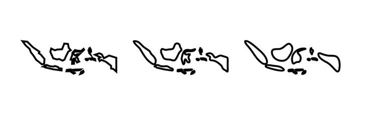 Indonesia country black outline silhouettes in three different levels of smoothness. Simplified maps. Vector icons isolated on white background.