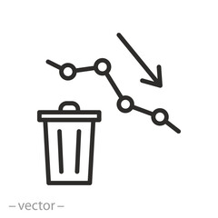 statistics reduce for thrown garbage, decrease waste icon, reducing discarded garbage, graph reduce waste icon, reduce thin line symbol on white background - editable stroke vector illustration eps10