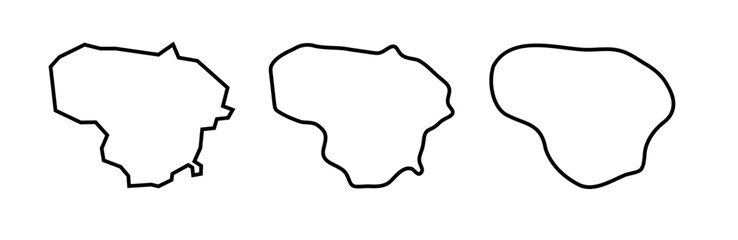 Lithuania country black outline silhouettes in three different levels of smoothness. Simplified maps. Vector icons isolated on white background.